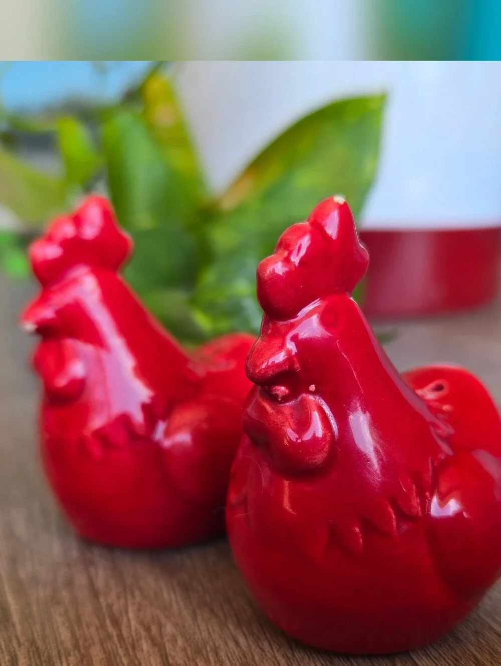 Glossy Red Ceramic Hen Salt & Pepper Shakers